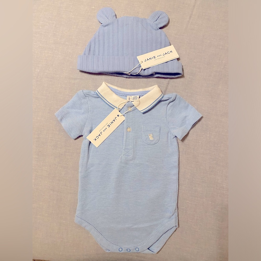 Janie and Jack polo bodysuit and hat. 3-6 months. NWT